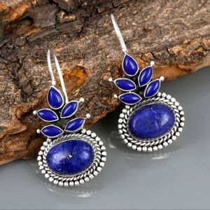 Lapis Lazuli, Healing Stone, Vintage Look Round Water Drop Boho Silver Earrings
